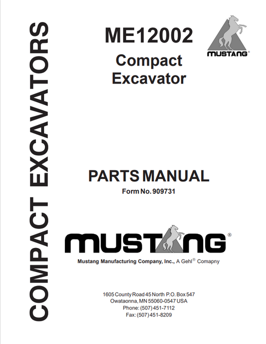 MUSTANG ME12002 COMPACT EXCAVATOR PARTS MANUAL 909731 - PDF