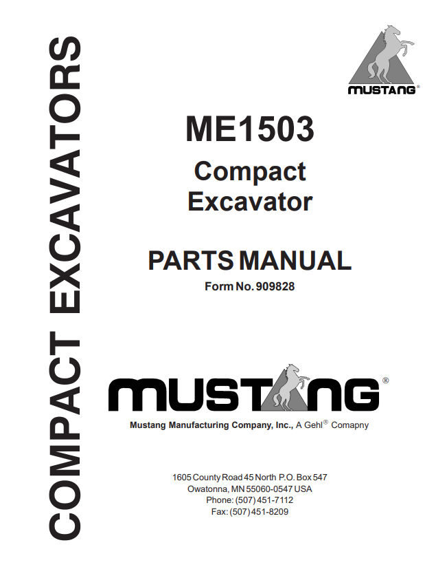 MUSTANG ME1503 COMPACT EXCAVATOR PARTS MANUAL 909828 - PDF