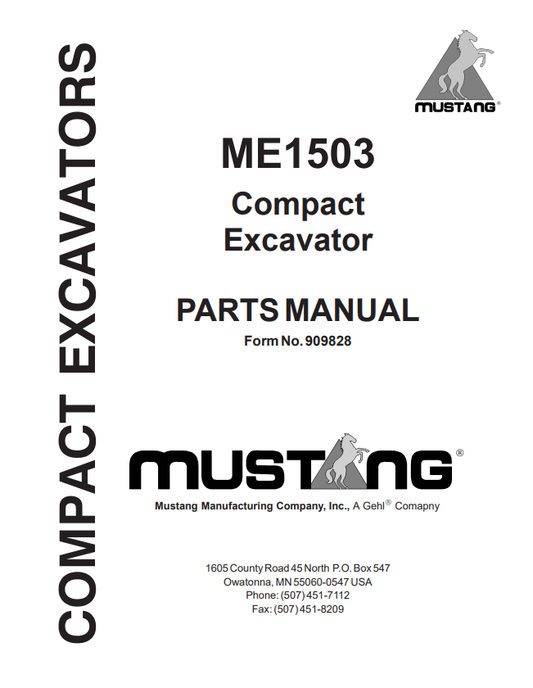 MUSTANG ME1503 COMPACT EXCAVATOR PARTS MANUAL 909828 - PDF
