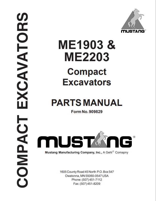 MUSTANG ME1903, ME2203 COMPACT EXCAVATOR PARTS MANUAL 909829 - PDF
