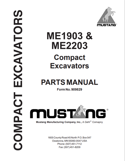 MUSTANG ME1903, ME2203 COMPACT EXCAVATOR PARTS MANUAL 909829 - PDF
