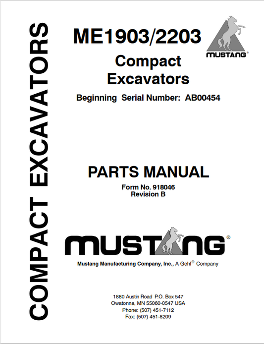 MUSTANG ME1903, ME2203 COMPACT EXCAVATOR PARTS MANUAL 918046 - PDF