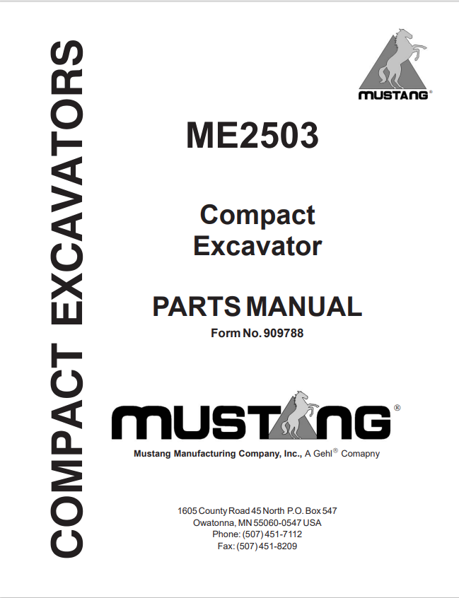 MUSTANG ME2503 COMPACT EXCAVATOR PARTS MANUAL 909788 - PDF