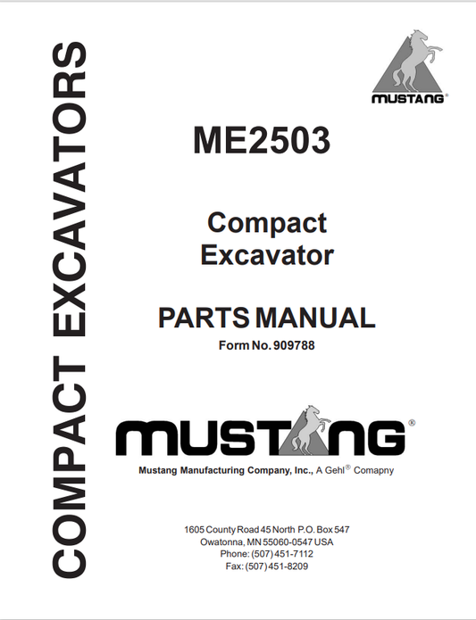 MUSTANG ME2503 COMPACT EXCAVATOR PARTS MANUAL 909788 - PDF