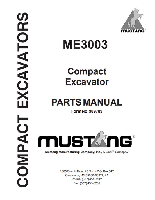 MUSTANG ME3003 COMPACT EXCAVATOR PARTS MANUAL 909789 - PDF