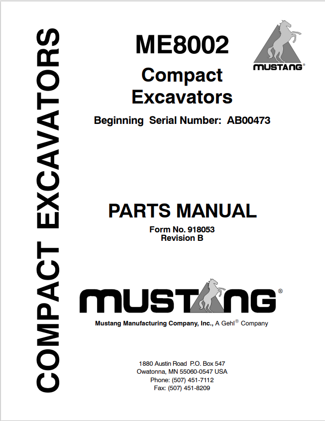 MUSTANG ME8002 COMPACT EXCAVATOR BEGINNING PARTS MANUAL 918053 - PDF