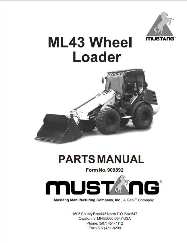 MUSTANG ML43 WHEEL LOADER PARTS MANUAL 909892 - PDF