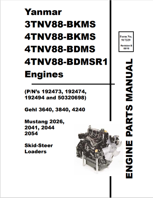 MUSTANG YANMAR 3TNV88-BKMS, 4TNV88-BKMS, 4TNV88-BDMS, 4TNV88-BDMSR1 ENGINE PARTS MANUAL 917329 - PDF
