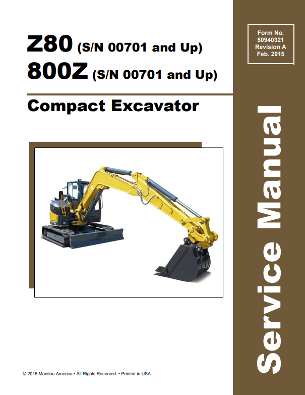 MUSTANG Z80, 800Z COMPACT EXCAVATOR SERVICE MANUAL 50940321 - PDF
