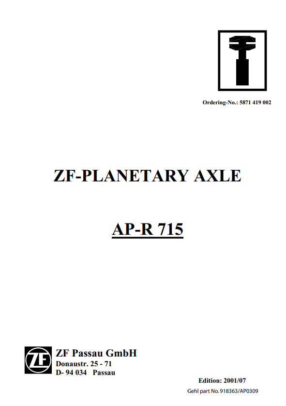 MUSTANG ZF PLANETARY AXLE AP-R 715 SERVICE MANUAL 918363-REVA - PDF