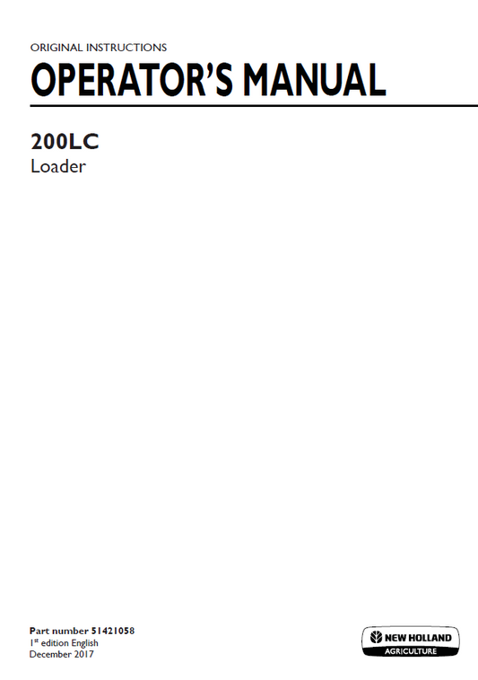 New Holland 200LC Loader Operator Manual 51421058 PDF 