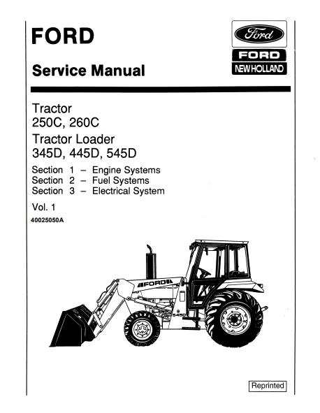 New Holland 250C, 260C, 345D, 445D, 545D Tractor Service Manual 40025050A PDF
