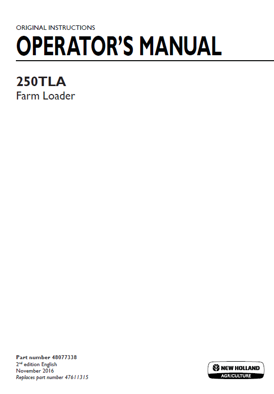 New Holland 250TLA Farm Loader Operator Manual 48077338 PDF 