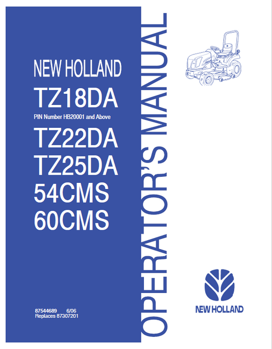 New Holland 54CMS, 60CMS, TZ18DA, TZ22DA, TZ25DA Operator Manual 87544689 PDF