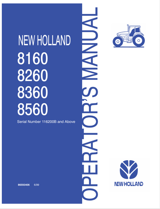New Holland 8160, 8260, 8360, 8560 Tractor Operator Manual 86593406 PDF