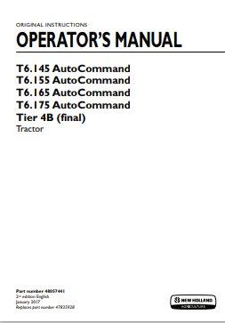New Holland AutoCommand T6.145, T6.155, T9.165, T6.175 Tire 4B Tractor Operator Manual 48057441 PDF