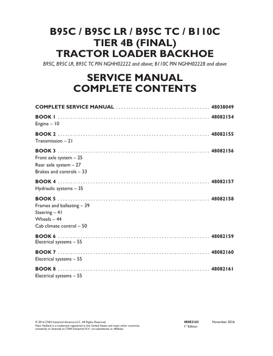 New Holland B95C, B95C LR, B95C TC, B110C Tire 4B Tractor Loader Backhoe Service Manual 48082162 PDF