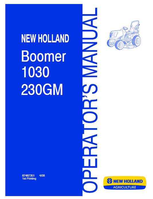 New Holland Boomer 1030 230GM Operator Manual 87487351 PDF 