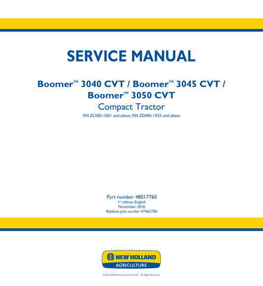 New Holland Boomer 3040CVT, 3045 CVT, 3050 CVT Compact Tractor Service Manual 48017760 PDF