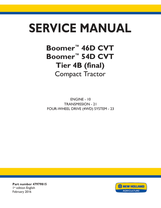 New Holland Boomer 46D CVT, 54D CVT Tier 4B Compact Tractor Service Manual 47979815 PDF