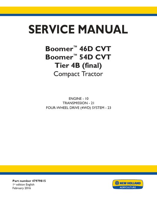 New Holland Boomer 46D CVT, 54D CVT Tire 4B Compact Tractor Service Manual 47979815 PDF