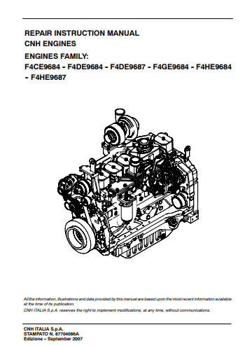 New Holland CNH NEF F4CE9684, F4DE9684, F4DE9687, F4GE9684, F4HE9684, F4HE9687 Engine Repair Manual 87704086A PDF