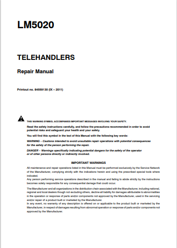 New Holland LM5020 Telehandlers Repair Manual 84559130 PDF