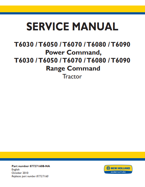 New Holland Power and Range Command T6030, T6050, T6070, T6080, T6090 Tractor Service Manual 87727160B-NA PDF
