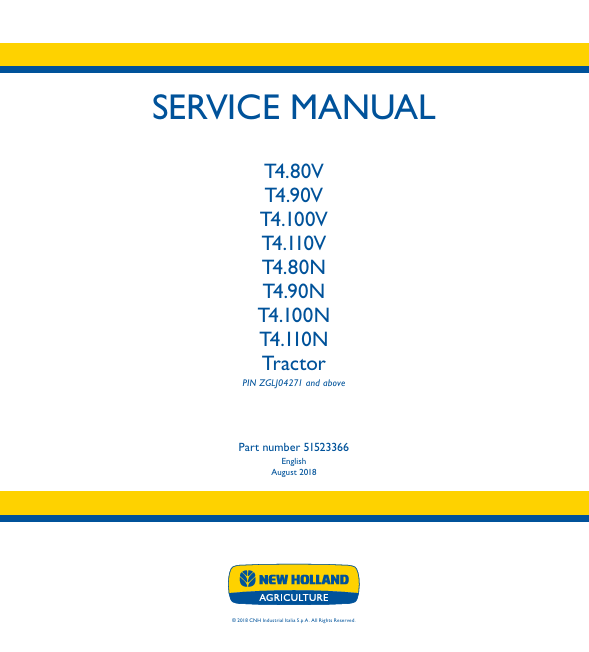 New Holland T4.80V,T4.90V, T4.100V, T4.110V, T4.80N, T4.90N, T4.100, T4.110N Tractor Service Manual 51523366 PDF