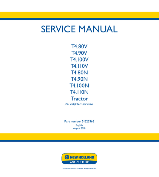 New Holland T4.80V,T4.90V, T4.100V, T4.110V, T4.80N, T4.90N, T4.100, T4.110N Tractor Service Manual 51523366 PDF