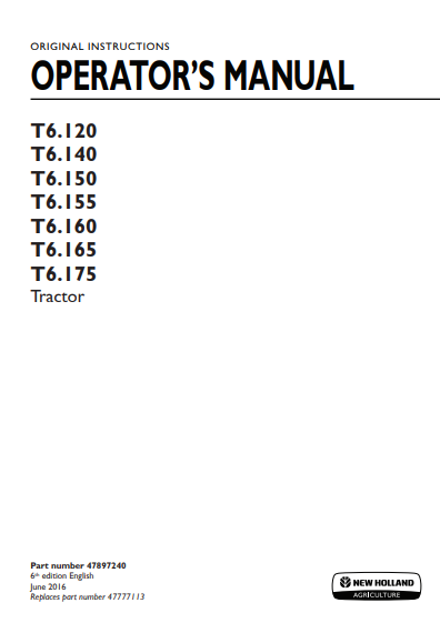 New Holland T5.110, T5.120 Electro Command Tractor Operator Manual 47987592 PDF