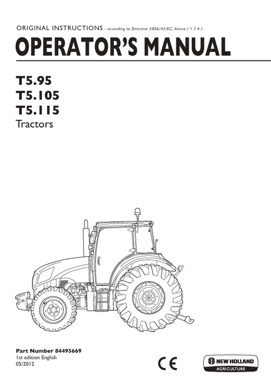 New Holland T5.95, T5.105, T5.115 Tractor Operator Manual 84495669 PDF