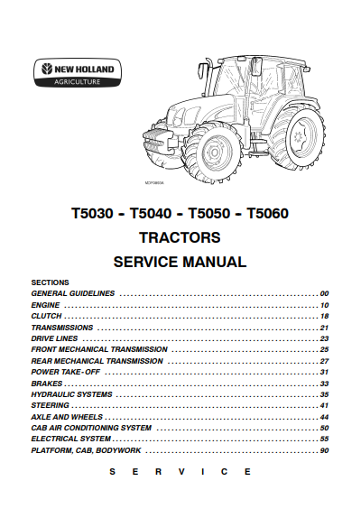 New Holland T5030, T5040, T5050, T5060 Tractor Service Manual 87679925A PDF