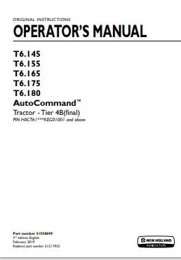 New Holland T6.145, T6.155, T6.165, T6.175, T6.180 AutoCommand Tractor Operator Manual 51550699 PDF