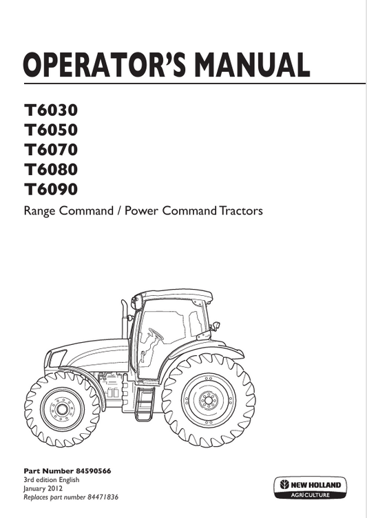 New Holland T6030, T6050, T6070, T6080, T6090 Operator Manual 84590566 PDF