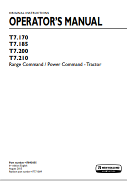 New Holland T7.170, T7.185, T7.200, T7.210 Range Command Power Command Tractor Operator Manual 47893055 PDF