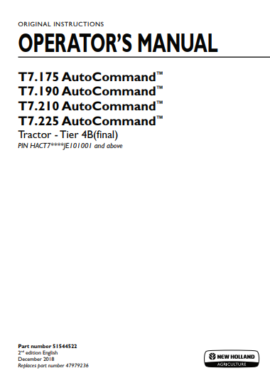 New Holland T7.175, T7.190, T7.210, T7.225 AutoCommand Tractor Operator Manual 51544522 PDF