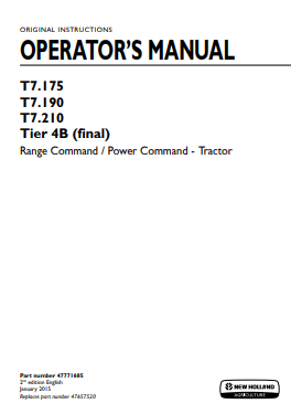 New Holland T7.175, T7.190, T7.210 Tire 4B Range command Power command Tractor Operator Manual 47771685 PDF
