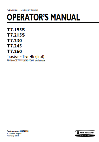 New Holland T7.195S, T7.215S, T7.230, T7.245, T7.260 Tractor Operator Manual 48072398 PDF