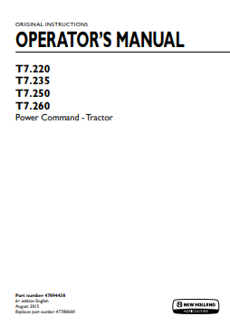 New Holland T7.220, T7.235, T7.250, T7.260 Power Command Tractor Operator Manual 47894438 PDF