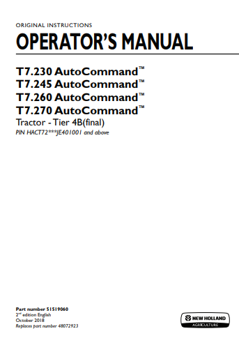 New Holland T7.230, T7.245, T7.260, T7.270 Auto Command Tractor Operator Manual 51519060 PDF