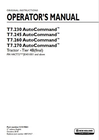 New Holland T7.230, T7.245, T7.260, T7.270 Auto Command Tractor Operator Manual 51519063 PDF