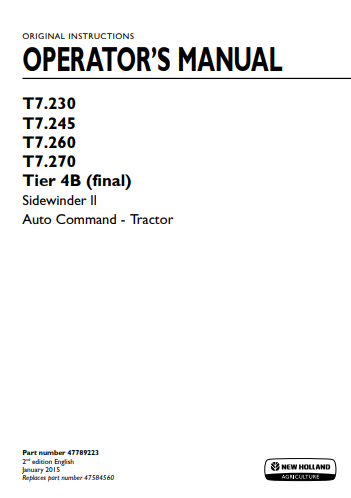New Holland T7.230, T7.245, T7.260, T7.270 Tier 4B Sidewinder II Auto Command Tractor Operator Manual 47789223 PDF