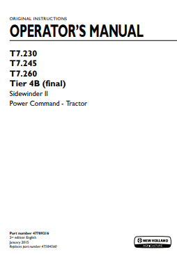New Holland T7.230, T7.245, T7.260 Tier 4B Sidwinder II Tractor Operator Manual 47789216 PDF