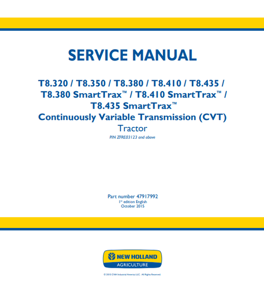 New Holland T8.320, T8.350, T8.380, T8.410,T8.435, T8.380, T8.410, T8.435 SmartTax Tractor Service Manual 47917992 PDF