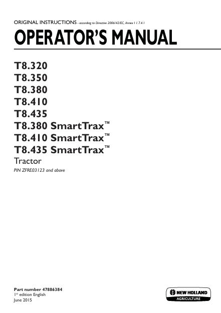 New Holland T8.320, T8.350, T8.380, T8.410, T8.435, T8.380, T8.410, T8.435 Tractor Operator Manual 47886384 PDF