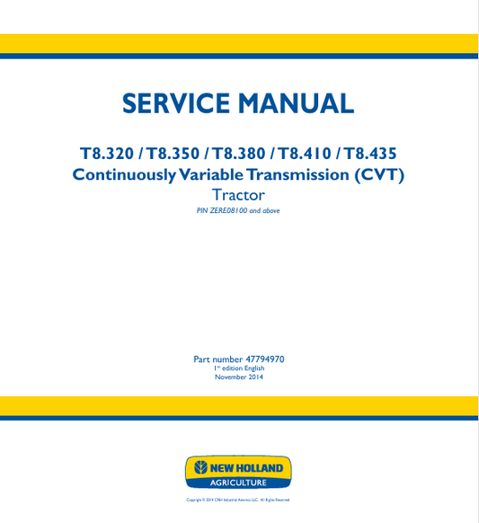 New Holland T8.320, T8350, T8.380, T8.410, T8.435 Tractor Service Manual 47794970 PDF