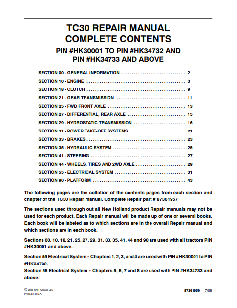 New Holland TC30 Repair Manual 87361959 PDF