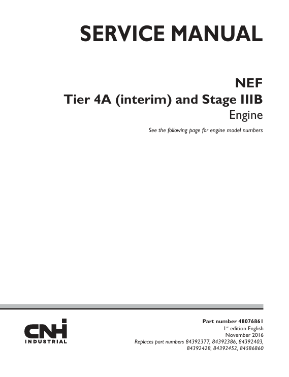 New Holland Tire 4A and Stage IIIB Engine Service Manual 48076861 PDF