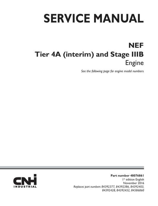 New Holland Tire 4A and Stage IIIB Engine Service Manual 48076861 PDF